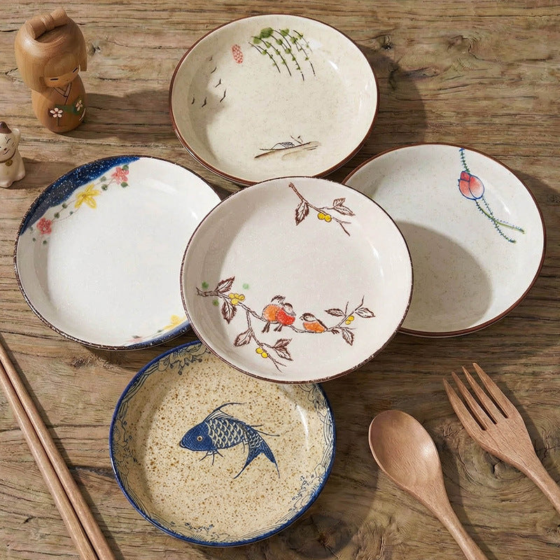 Japanese Hand-Painted Ceramic Small Plate Set | Vintage Dessert & Sushi Dish Set (5 pcs)