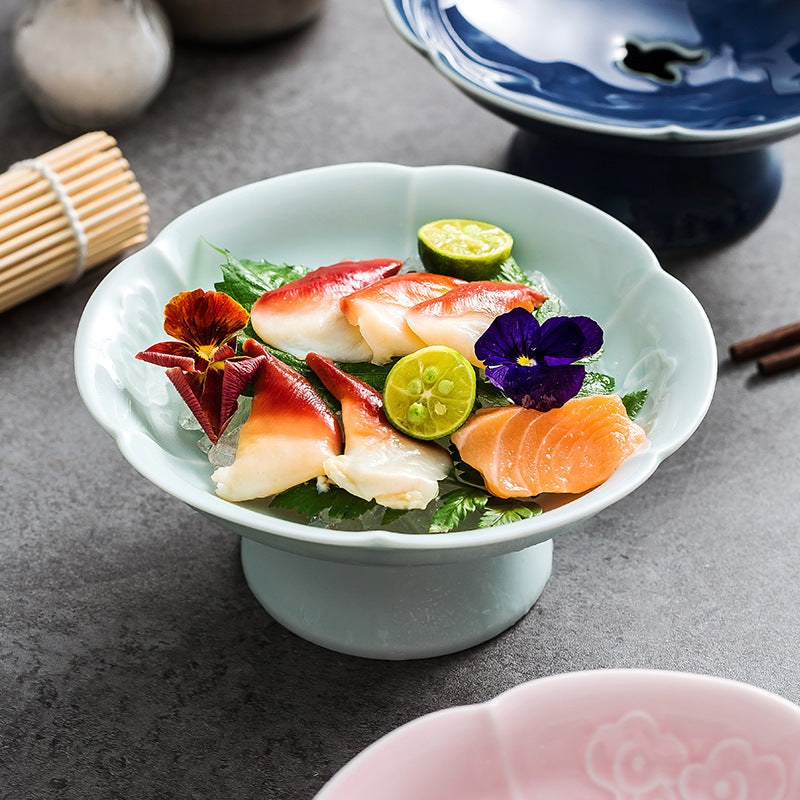 Japanese Celadon Wave-Rim Pedestal Sashimi Platter | Ceramic Sushi Presentation & Fine Dining Display Plate