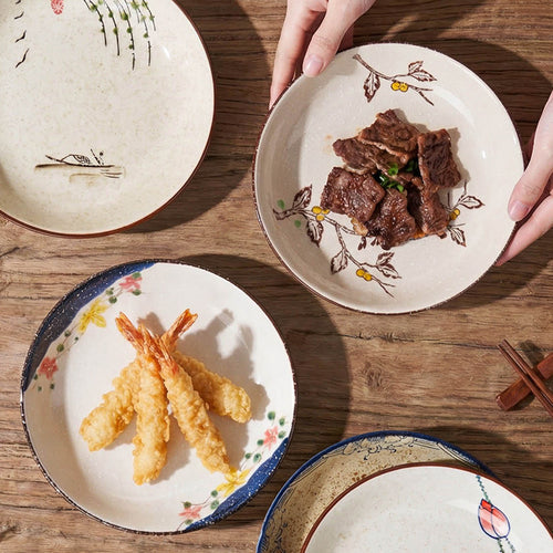 Japanese Hand-Painted Ceramic Small Plate Set | Vintage Dessert & Sushi Dish Set (5 pcs)
