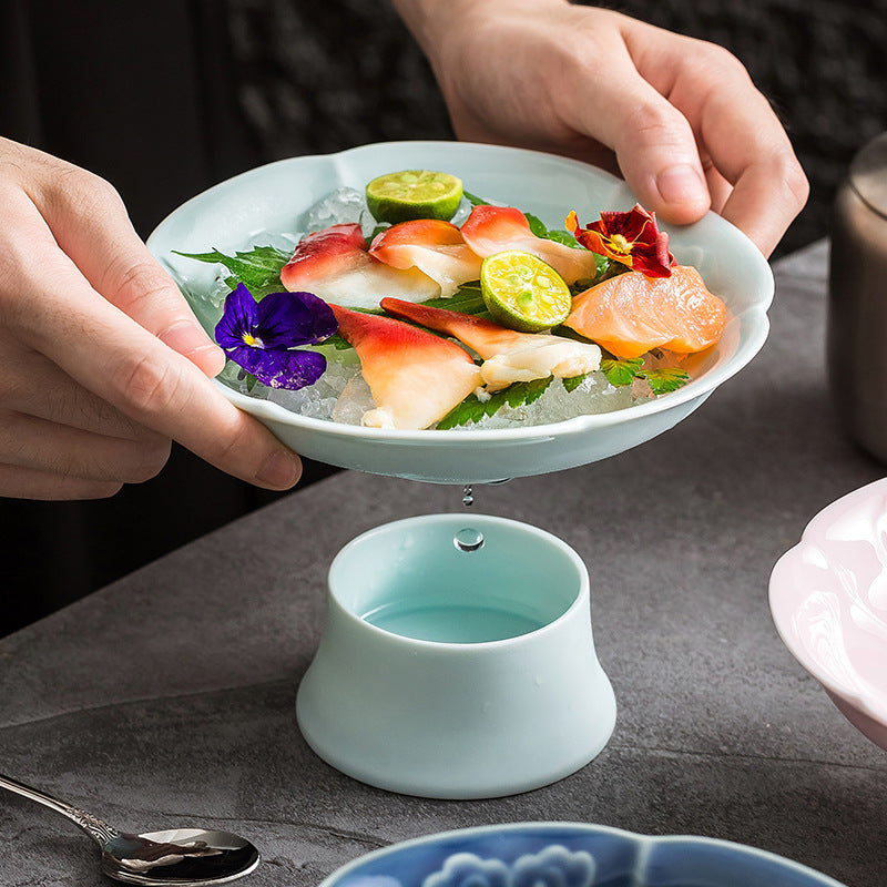 Japanese Celadon Wave-Rim Pedestal Sashimi Platter | Ceramic Sushi Presentation & Fine Dining Display Plate