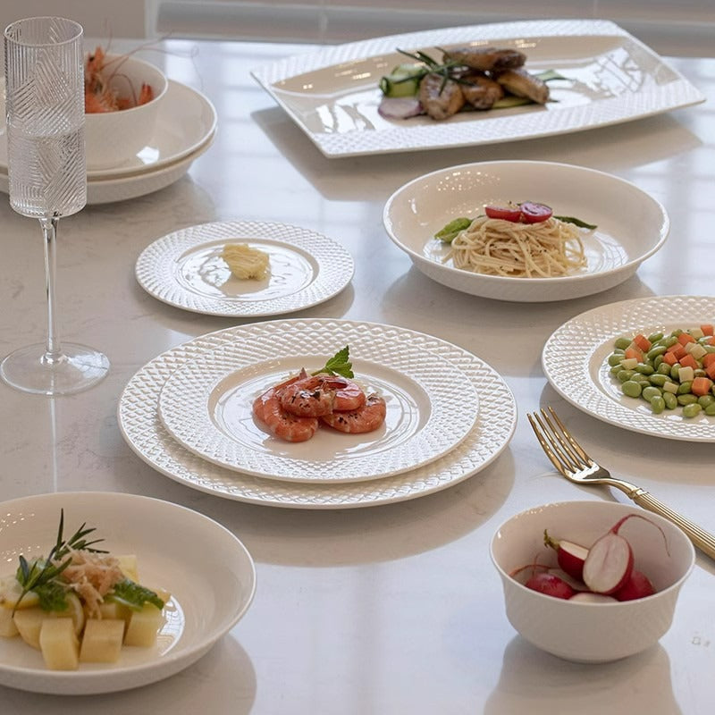 Nordic Minimalist White Ribbed Ceramic Plate Set (3PCS) | Pasta, Steak & Dessert Serving Plates