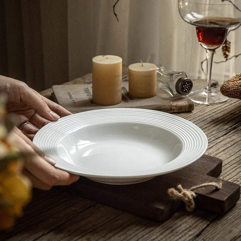 Nordic Minimalist White Ribbed Ceramic Plate Set (3PCS) | Pasta, Steak & Dessert Serving Plates