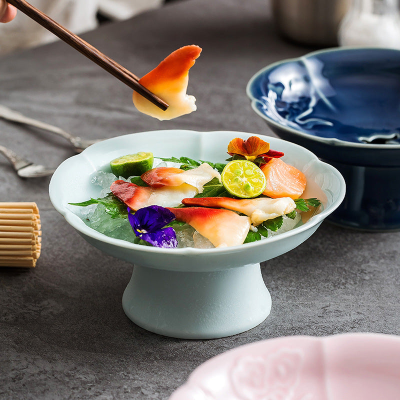 Japanese Celadon Wave-Rim Pedestal Sashimi Platter | Ceramic Sushi Presentation & Fine Dining Display Plate