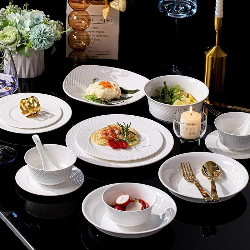 Nordic Minimalist White Ribbed Ceramic Plate Set (3PCS) | Pasta, Steak & Dessert Serving Plates