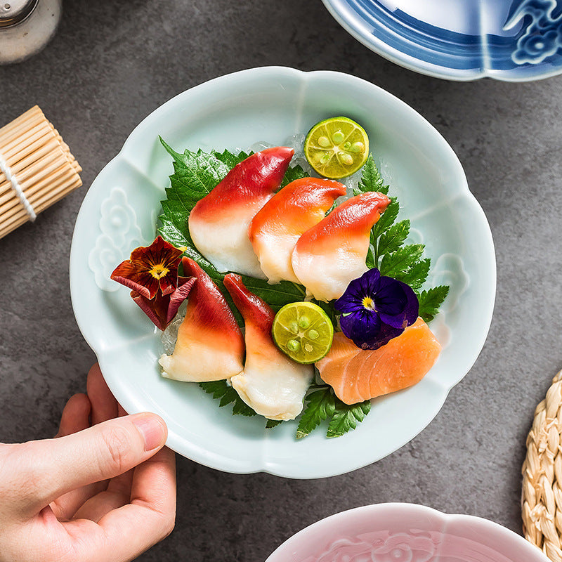 Japanese Celadon Wave-Rim Pedestal Sashimi Platter | Ceramic Sushi Presentation & Fine Dining Display Plate